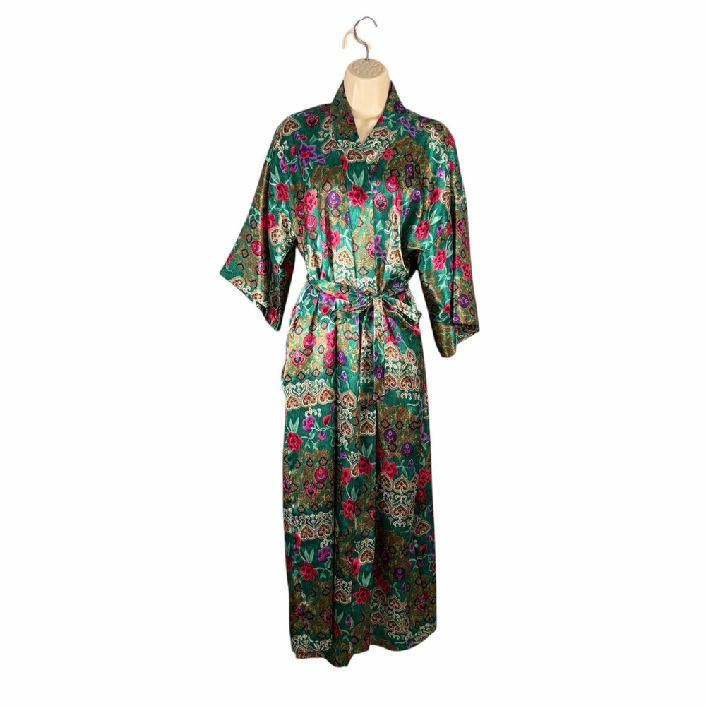 Vintage California Dynasty Robe Medium Emerald Green‎ Satin Floral USA Cottage